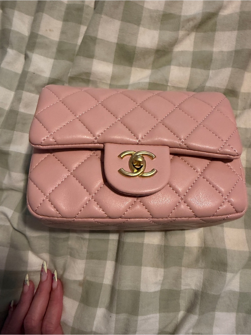 Designer inspired Pink Quilted Leather Mini Flap Bag with Gold CC Turnlock